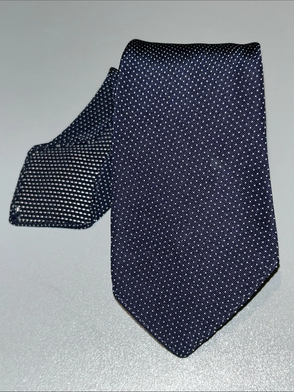 Elliot’s Irish Poplin for Athur M.Rosenberg Navy Blue Tie White Microdot Pattern